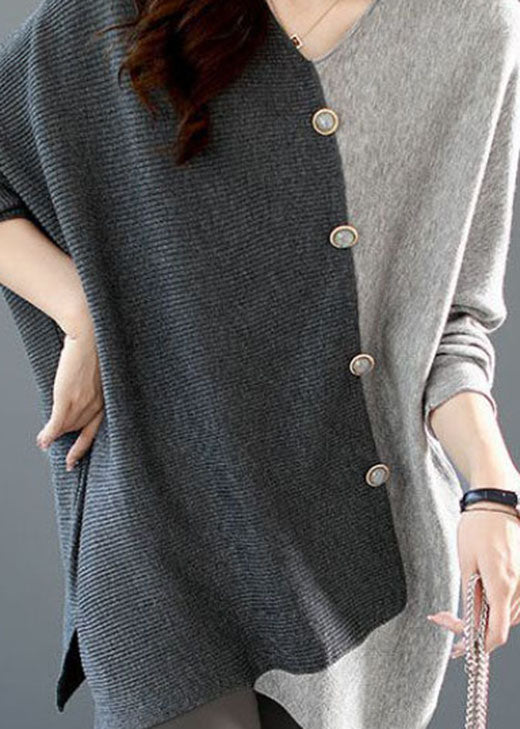 Grå Asymmetrisk Patchwork Stickad Skjorta för Damer 3