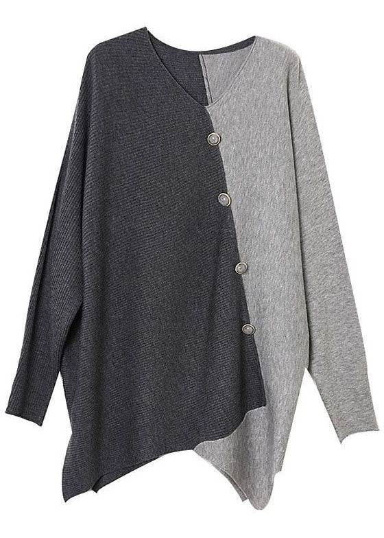 Grå Asymmetrisk Patchwork Stickad Skjorta för Damer 4