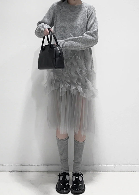 Grå Ruffled Tulle Klänning för Damer 2