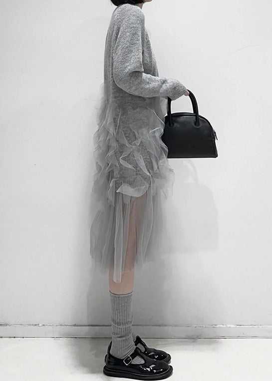 Grå Ruffled Tulle Klänning för Damer 4