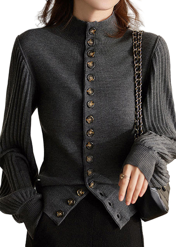 Grå Stickad Topp med Ståkrage och Lanternärm 0