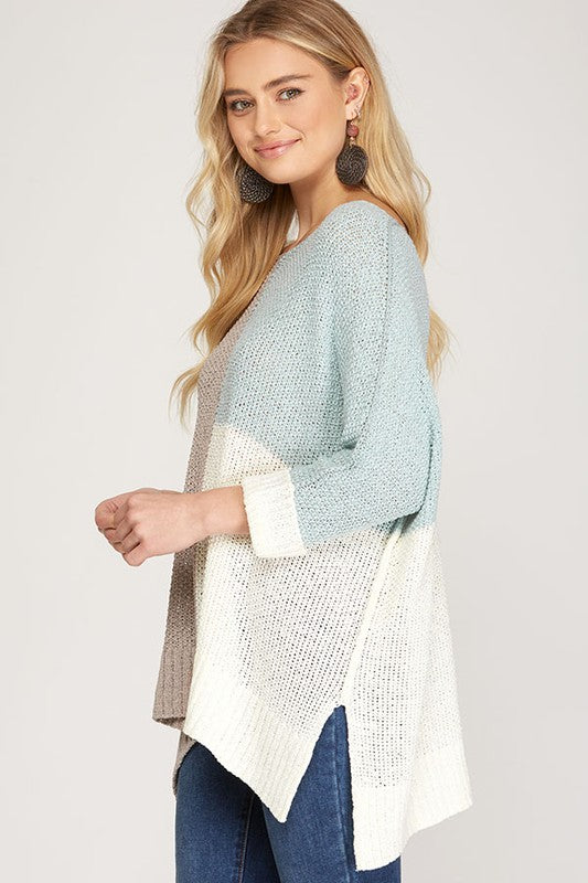 Grå och himmelsblå stickad pullover för kvinnor 1