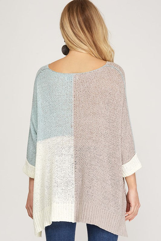 Grå och himmelsblå stickad pullover för kvinnor 2