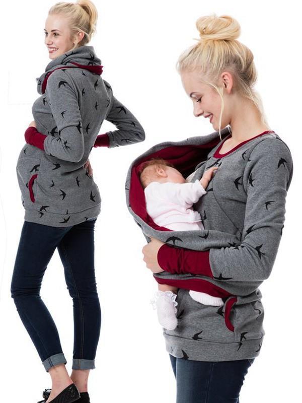 Gravid Sweatshirt Blommönster med Dragkedja för Kvinnor 0