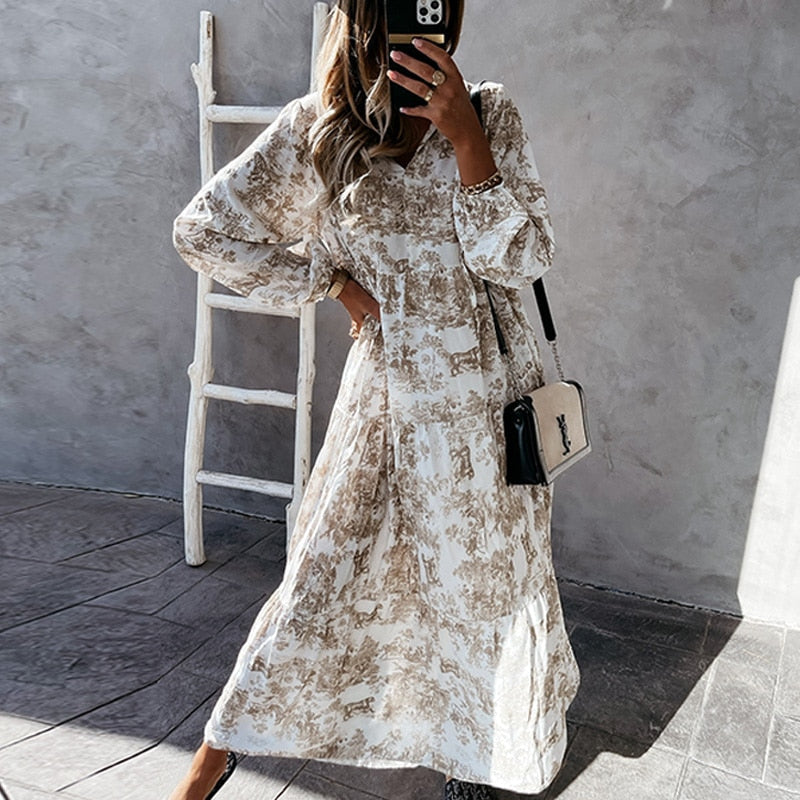 Maxi Klänning Dam Långa Ärmar V-ringning Bomullsblandning-6