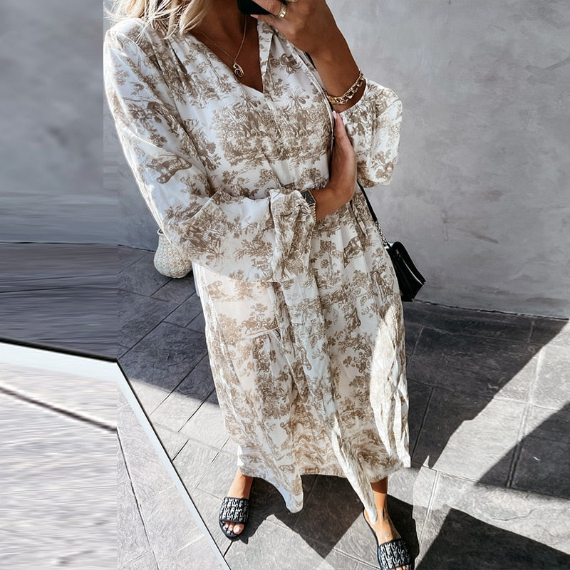 Maxi Klänning Dam Långa Ärmar V-ringning Bomullsblandning-5