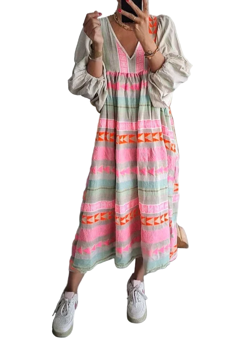 Dam Lång Sommarklänning Färgglad Elegant Lätt Andningsbar Tyget-1