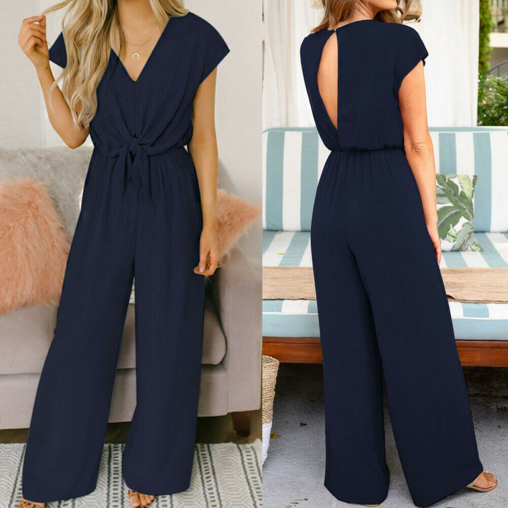 Dam Jumpsuit Avslappnad V-Ringning Bredbenad Mjukt Material-5