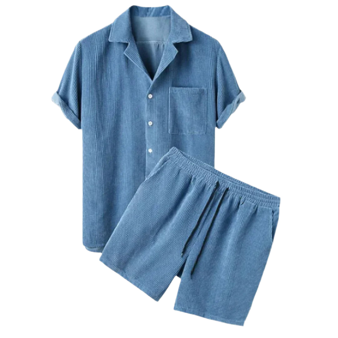 Herr Corduroy Skjorta och Shorts Set i Avslappnad Stil 0