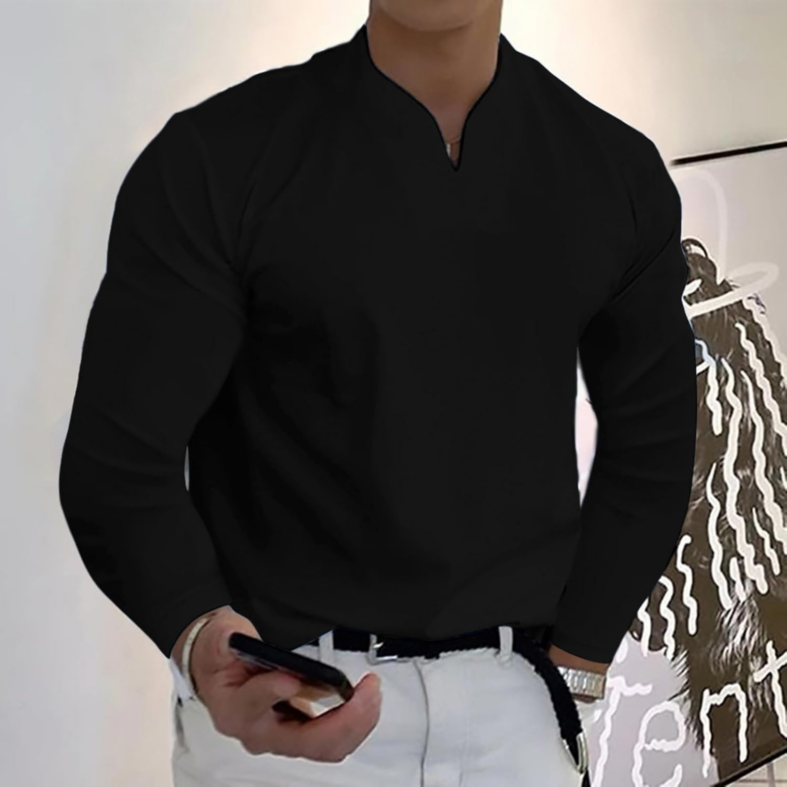 Herr Långärmad Pikétröja V-ringad 10