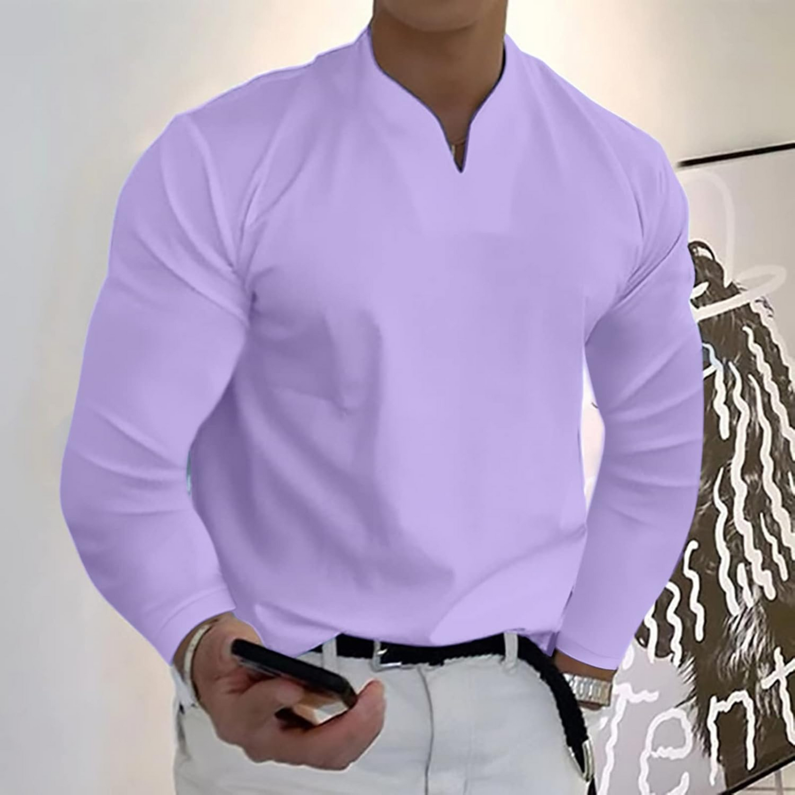 Herr Långärmad Pikétröja V-ringad 1