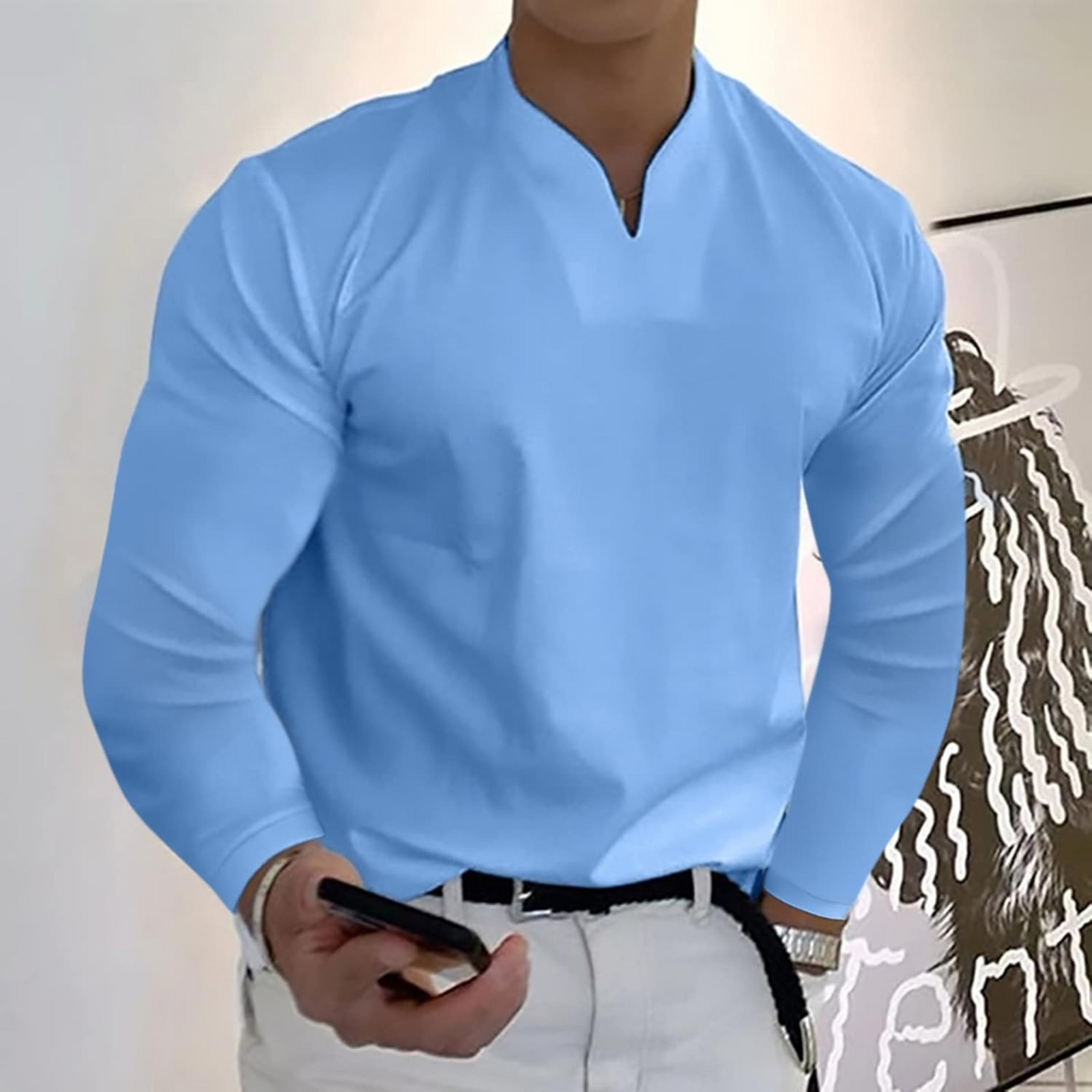 Herr Långärmad Pikétröja V-ringad 4