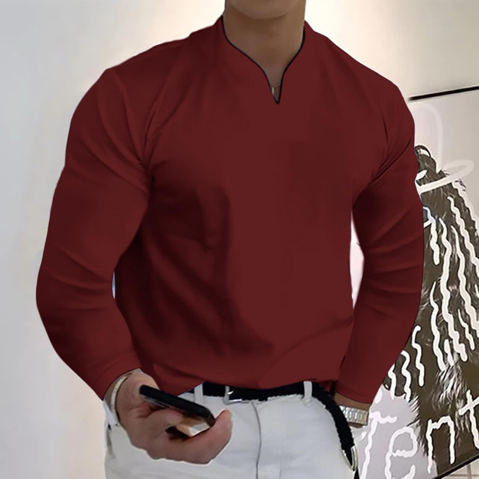 Herr Långärmad Pikétröja V-ringad 6