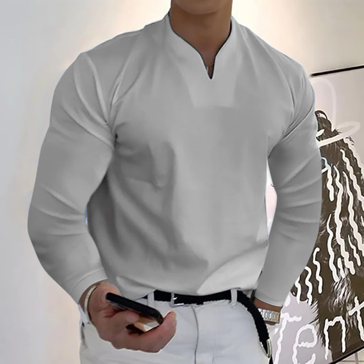 Herr Långärmad Pikétröja V-ringad 7