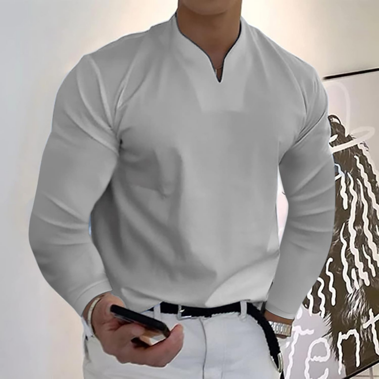 Herr Långärmad Pikétröja V-ringad 7