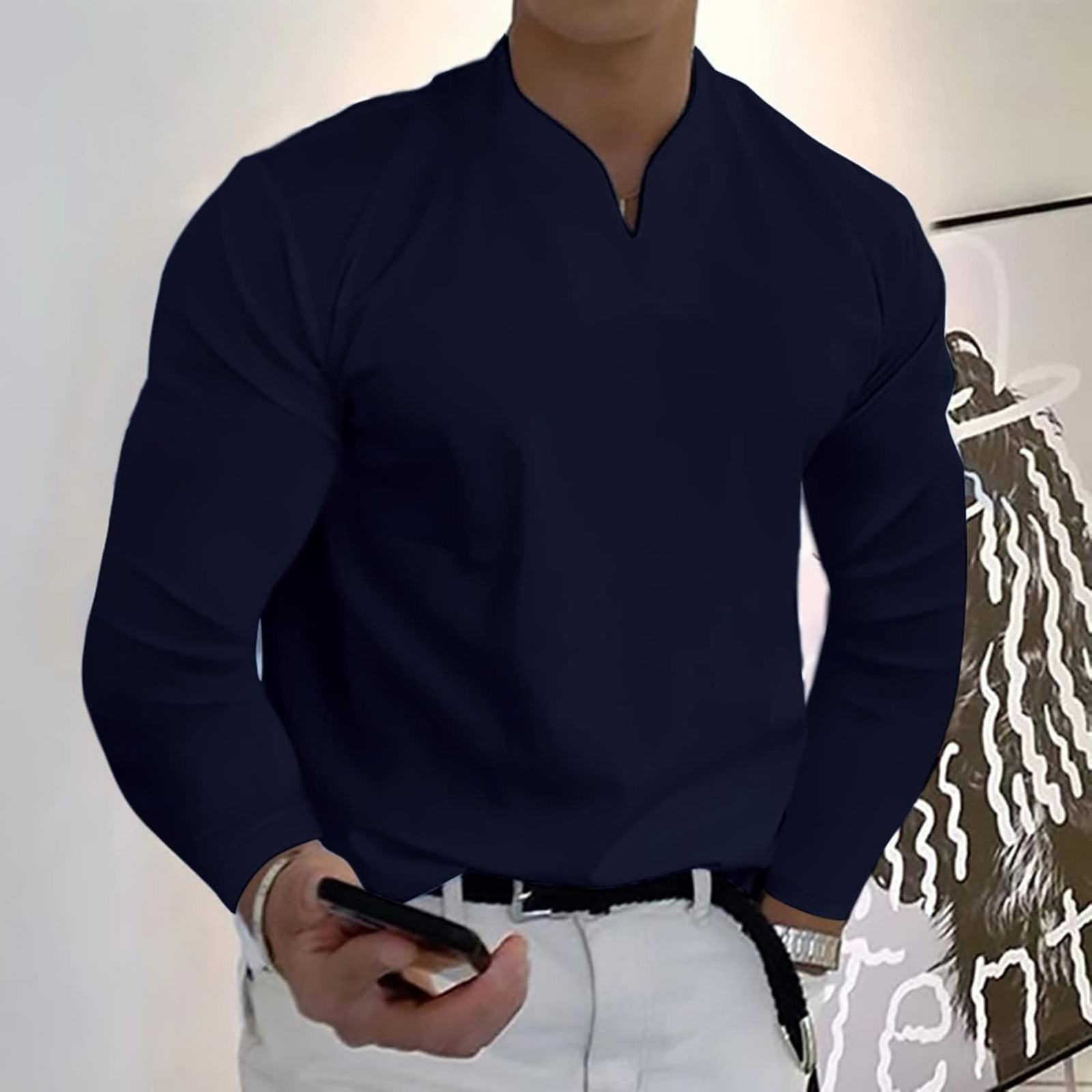 Herr Långärmad Pikétröja V-ringad 9