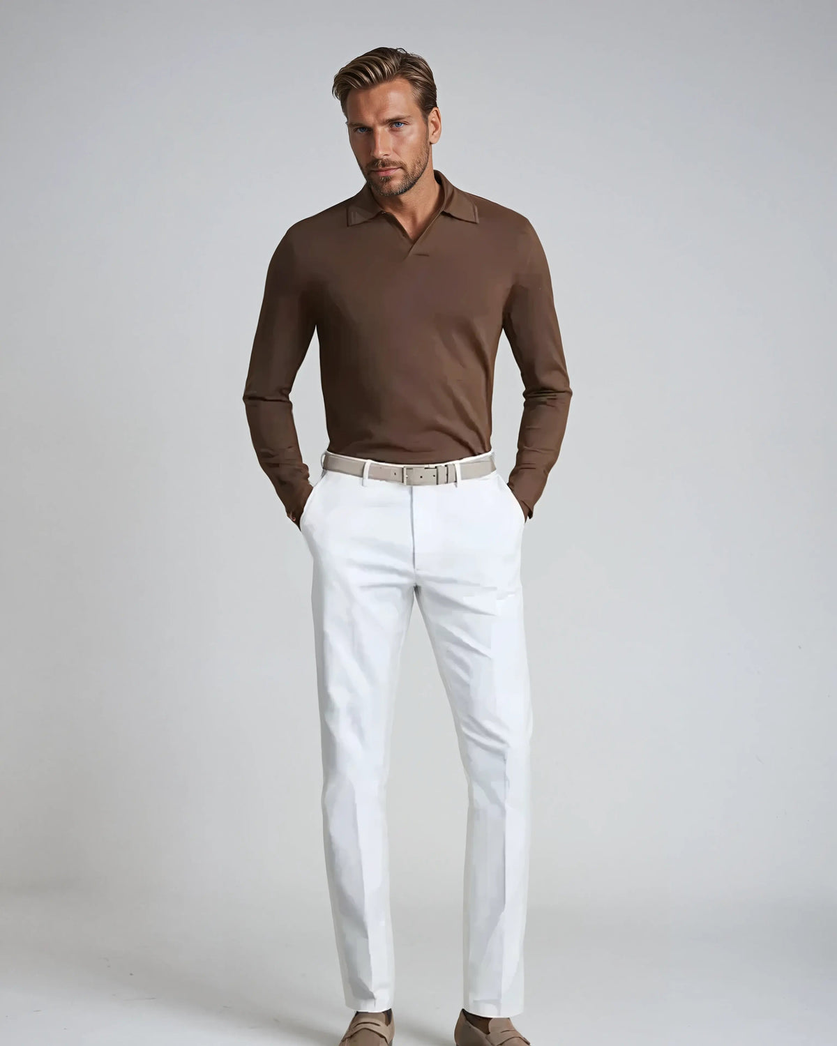 Herr Långärmad Poloshirt Minimalistisk Stil 2