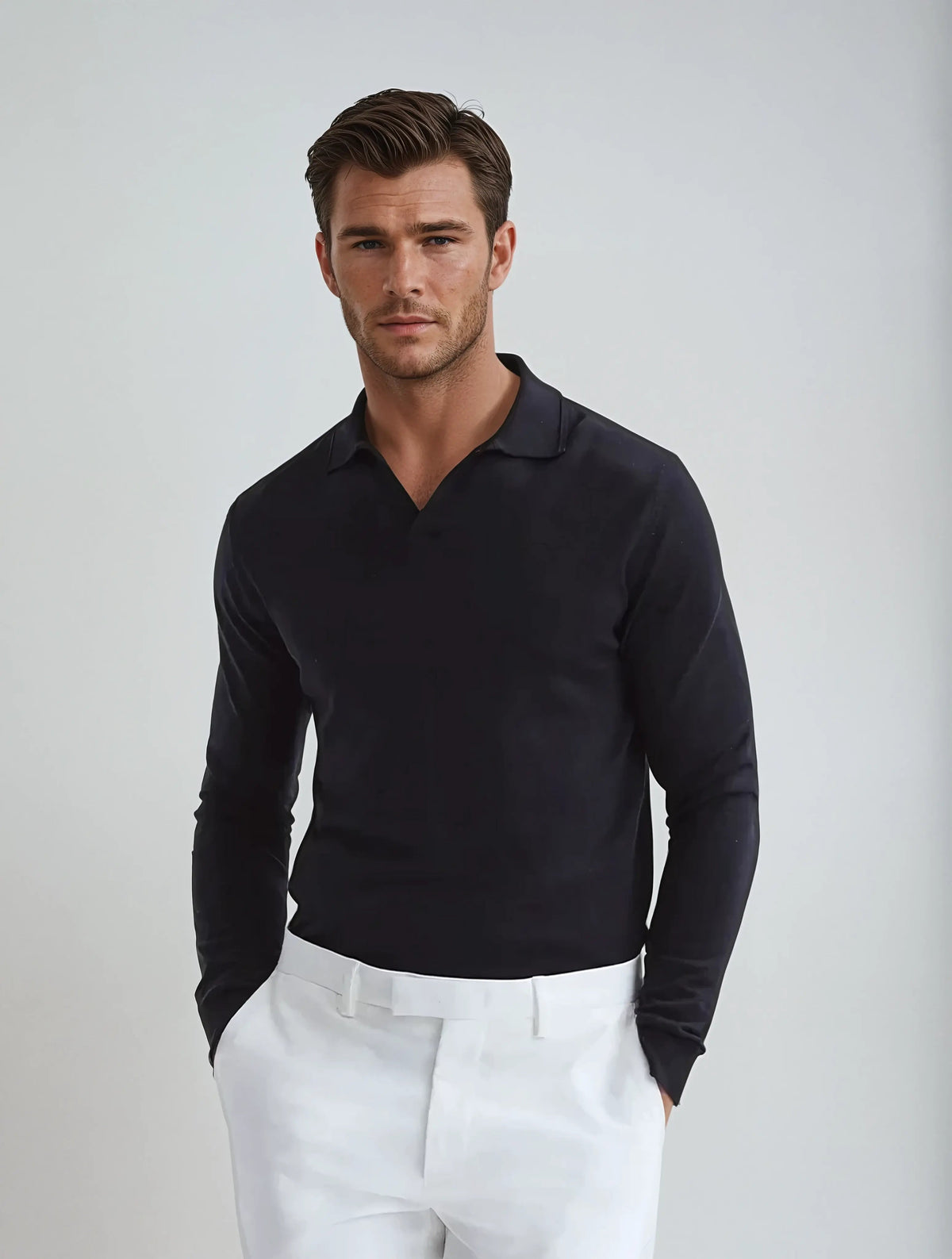 Herr Långärmad Poloshirt Minimalistisk Stil 4