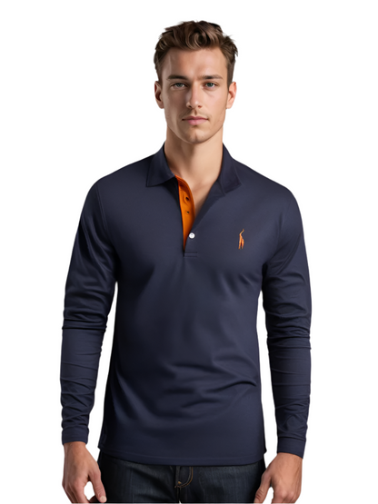 Herr Poloshirt Långa Ärmar Kontrasterande Detaljer 100% Bomull 0