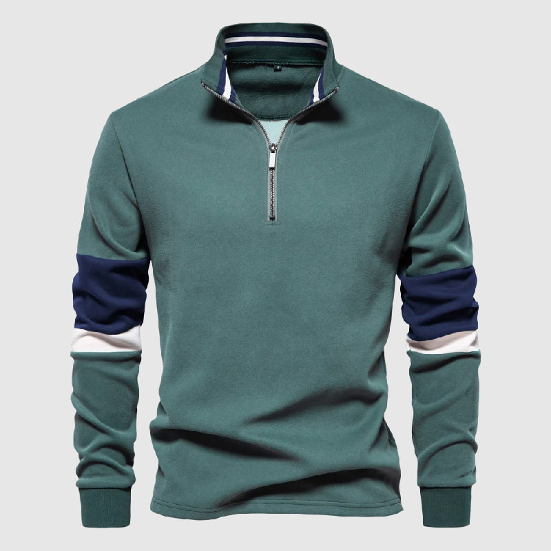 Herr Pullover Patchworkdesign med Hög Krage och Kvartalsdragkedja 2