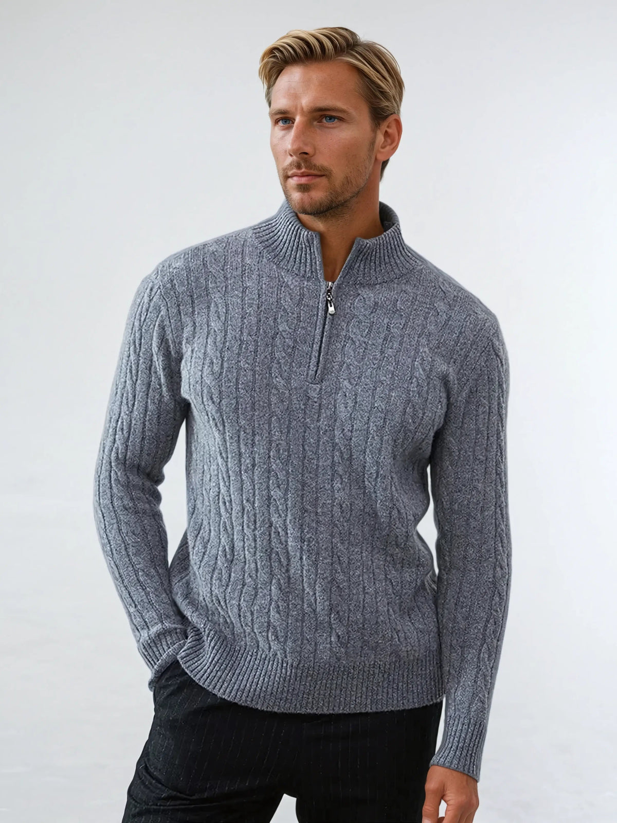 Herr Sweatshirt med Dragkedja och Kabelstickning 1