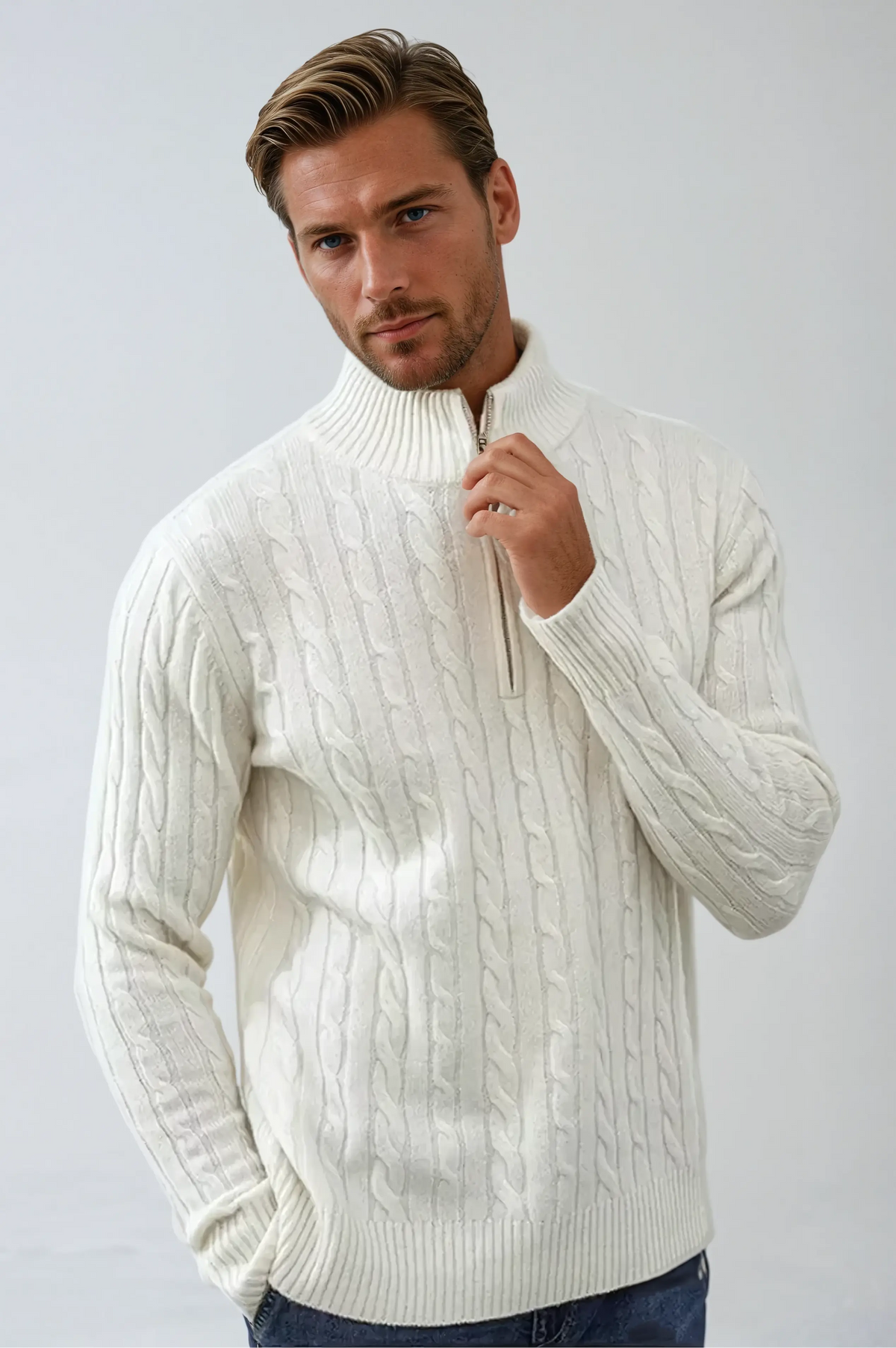 Herr Sweatshirt med Dragkedja och Kabelstickning 3