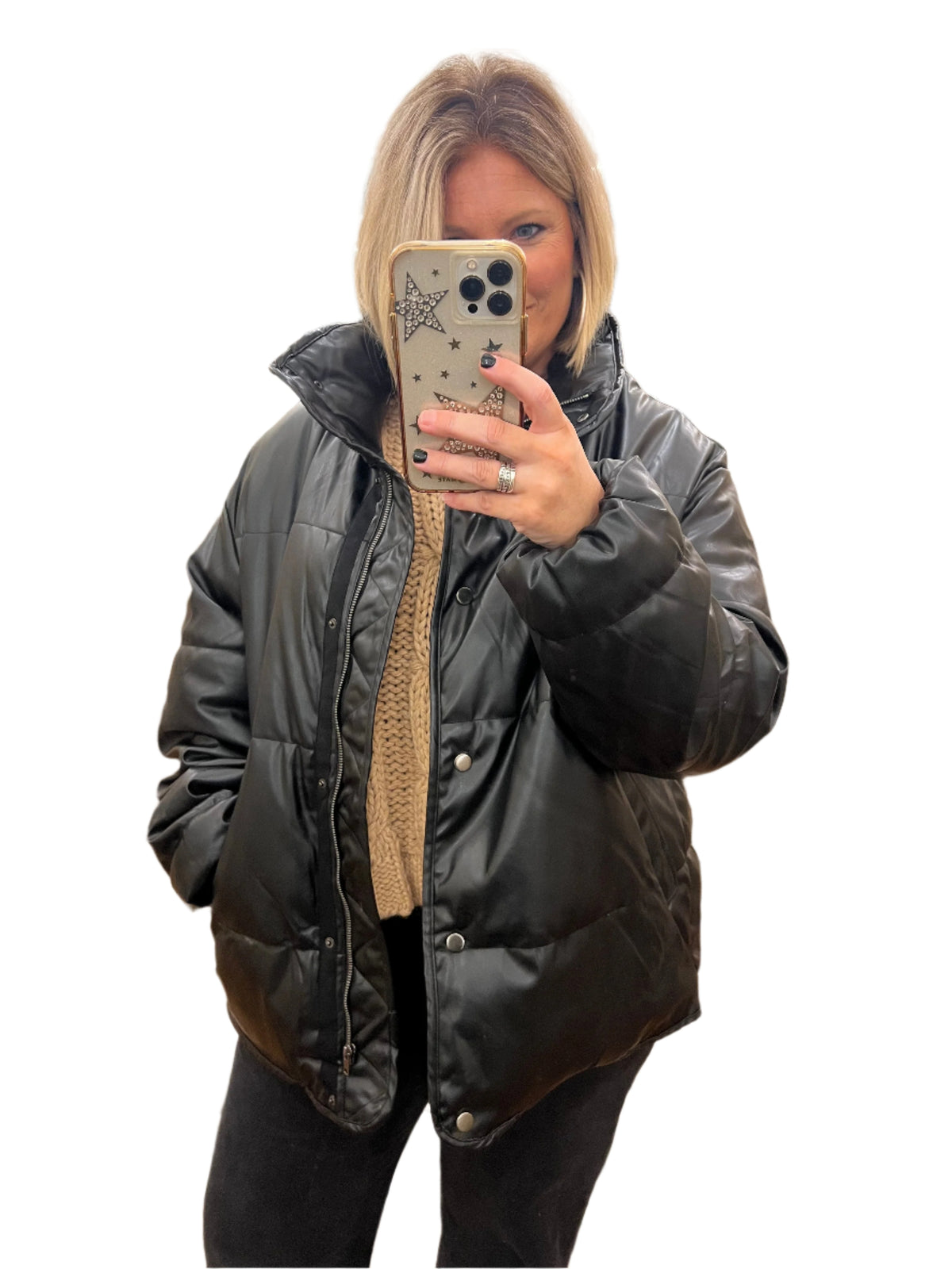 Herrar Svart Pufferjacka Läder Modern Fyllning 0