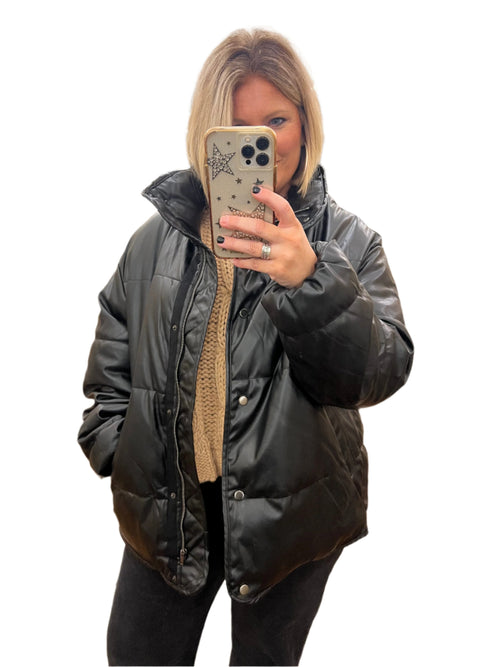 Herrar Svart Pufferjacka Läder Modern Fyllning 0