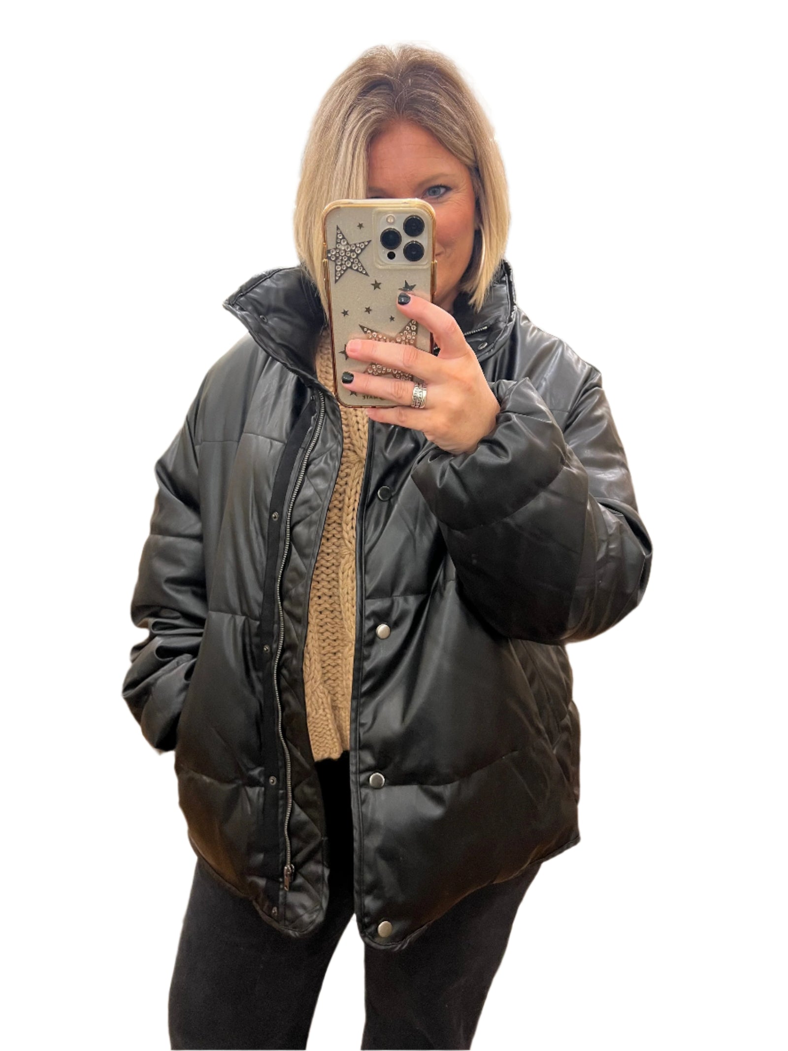 Herrar Svart Pufferjacka Läder Modern Fyllning 0