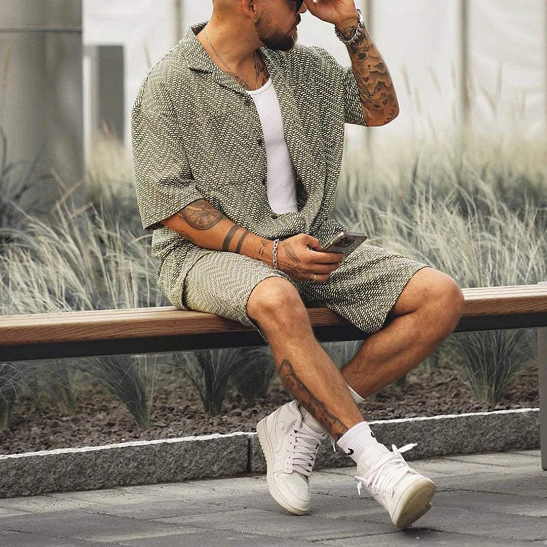 Herrars Kortärmad Skjorta och Shorts Set Mönstrad 1