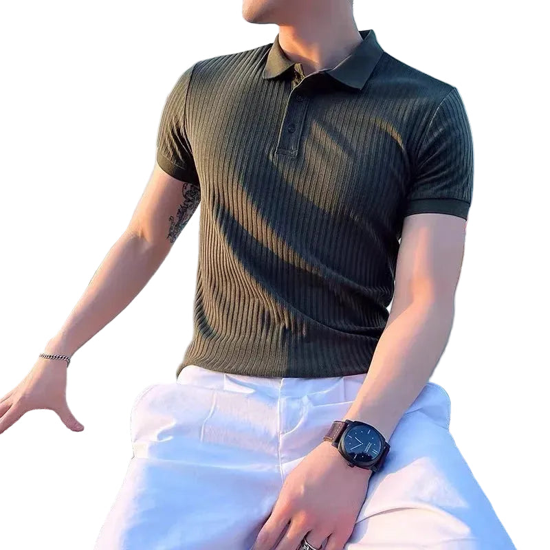 Herrens Kortärmad Pikétröja Ribbstickad Med Spetskrage 0