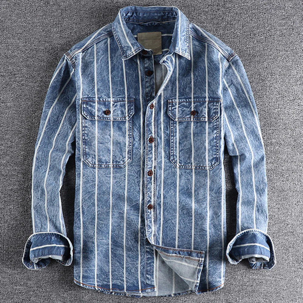 Herrens Randiga Jeansskjorta Modern Stil 1
