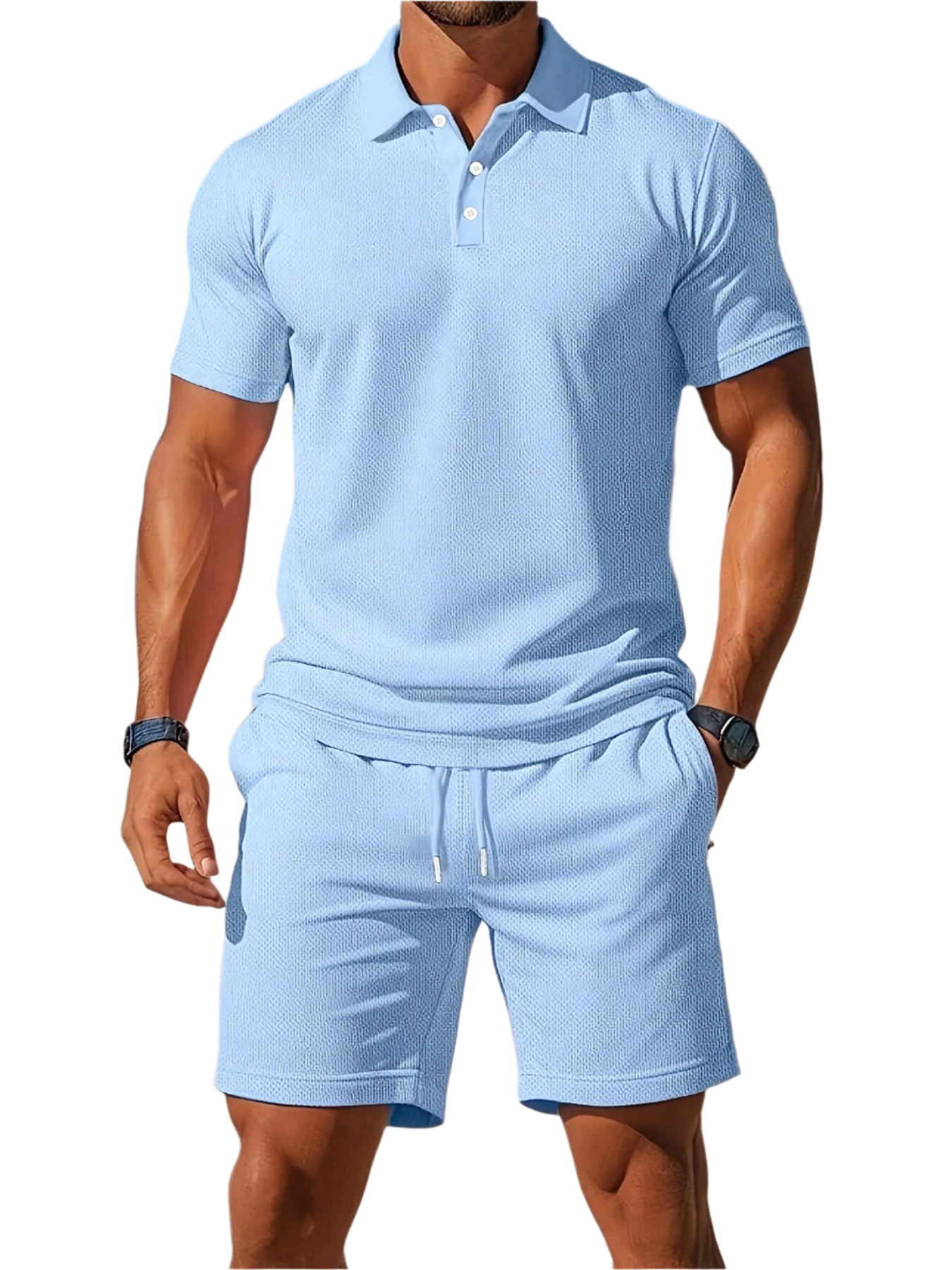 Herrens Sommar Set Polo och Shorts Ton-sur-Ton Struktur Lätt Vävt Material 0