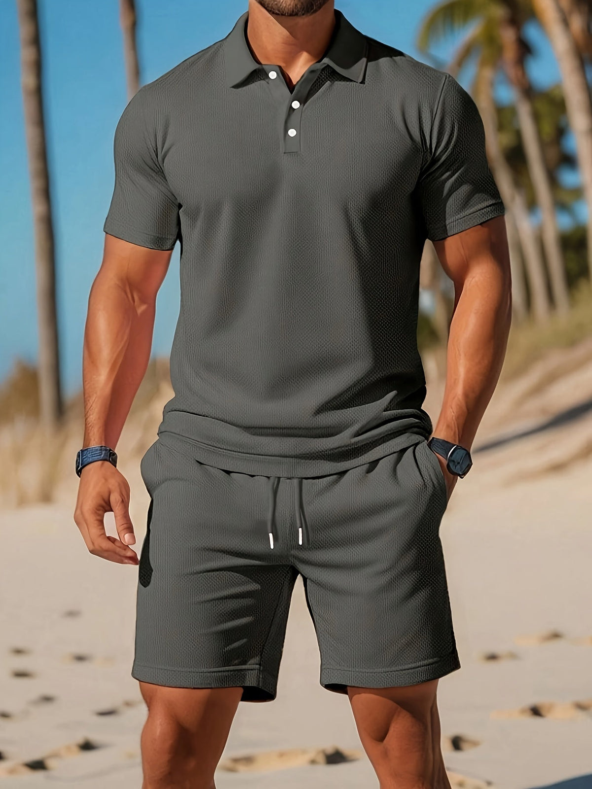 Herrens Sommar Set Polo och Shorts Ton-sur-Ton Struktur Lätt Vävt Material 5