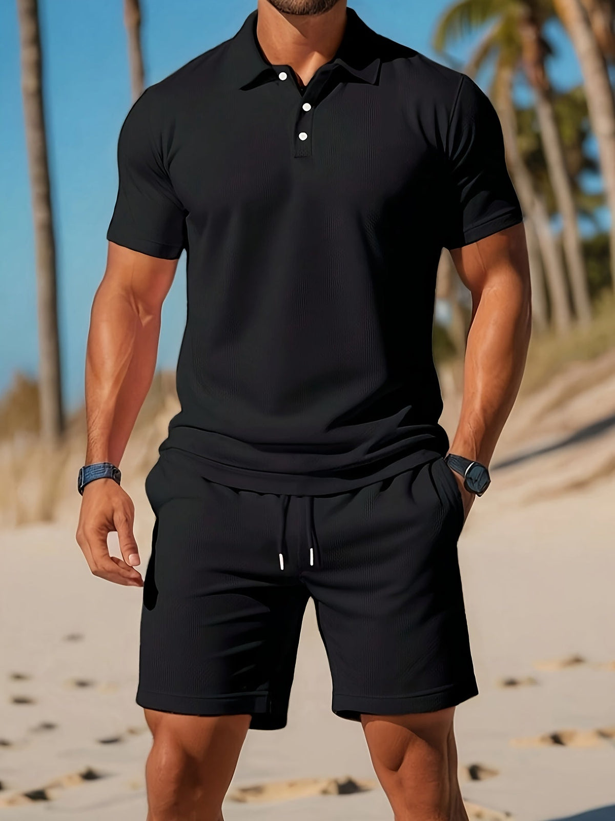 Herrens Sommar Set Polo och Shorts Ton-sur-Ton Struktur Lätt Vävt Material 6