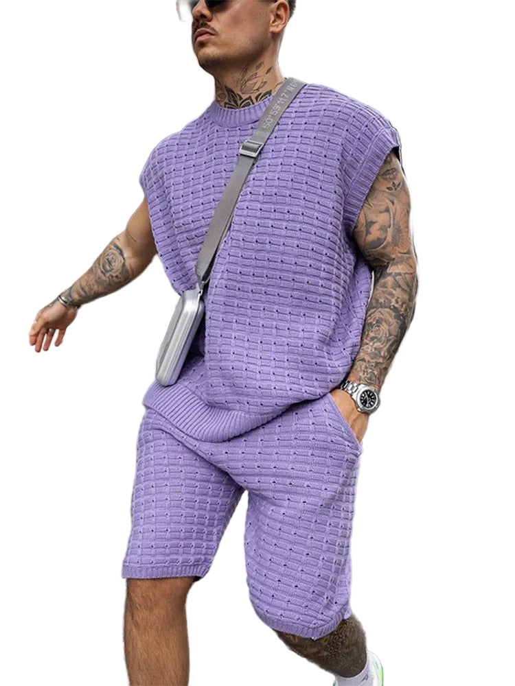 Herrens Stickade Set Ärmlös Topp och Shorts Avslappnad Stil 0