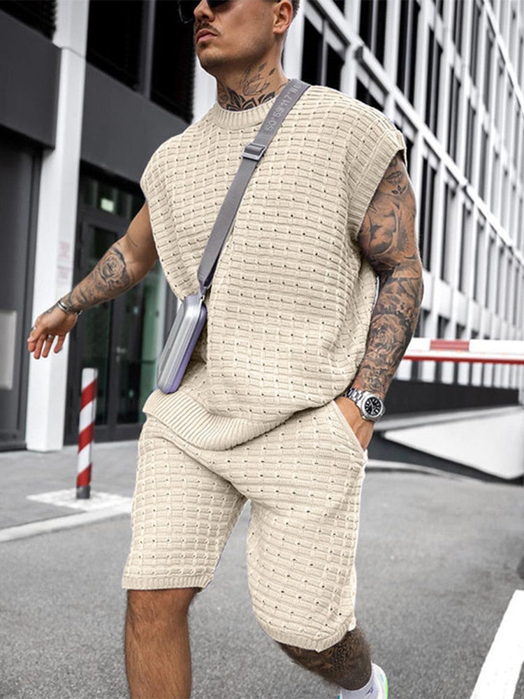 Herrens Stickade Set Ärmlös Topp och Shorts Avslappnad Stil 3