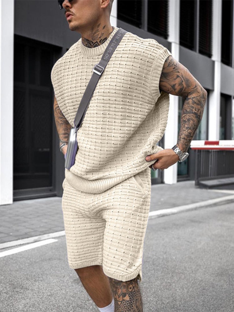 Herrens Stickade Set Ärmlös Topp och Shorts Avslappnad Stil 4
