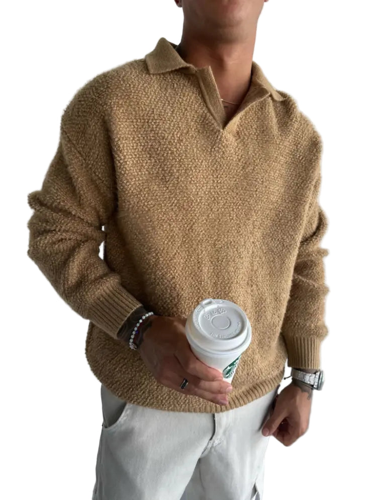 Herre Stickad Oversized Tröja med Krage 0