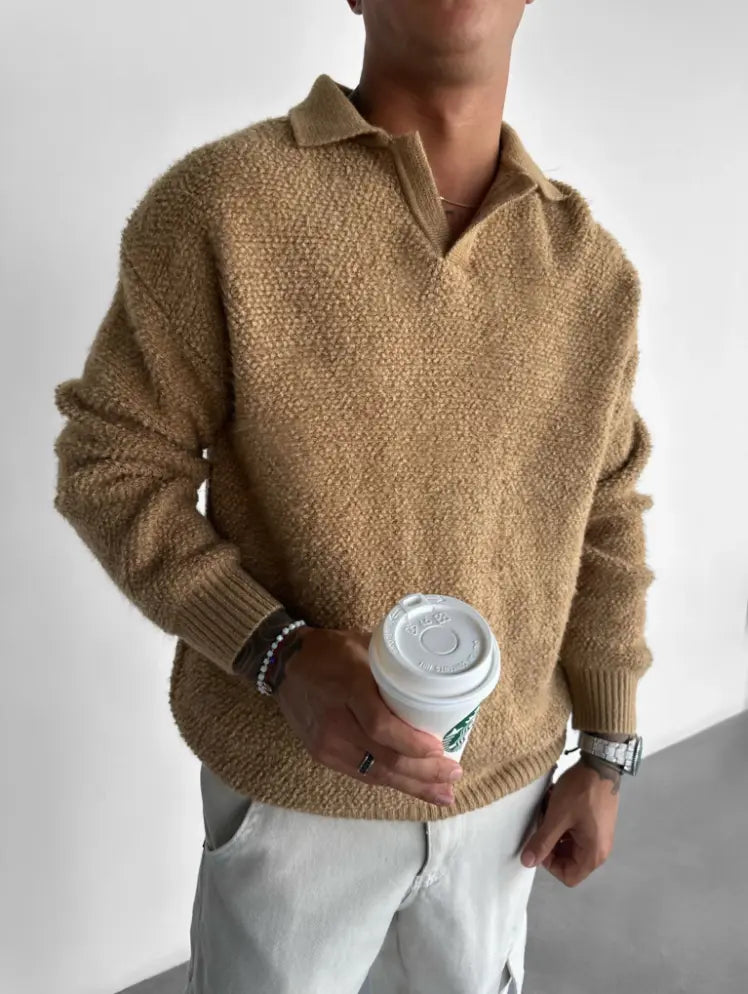 Herrer Stickad Oversized Tröja med Krage 1