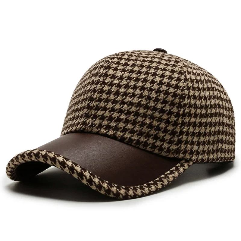 Herrkeps Houndstooth-mönster med Konstläderdetaljer 1