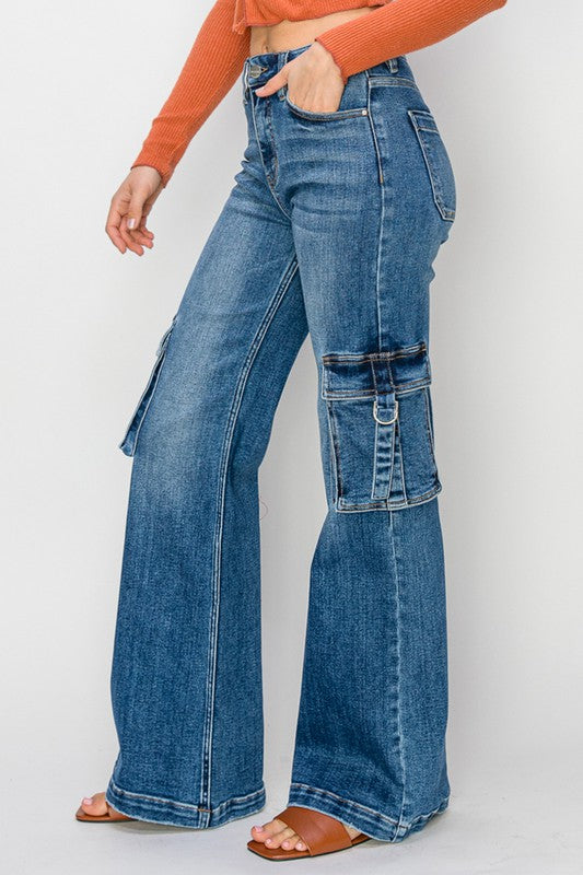 Hög midja cargo jeans med sidofickor för kvinnor 3