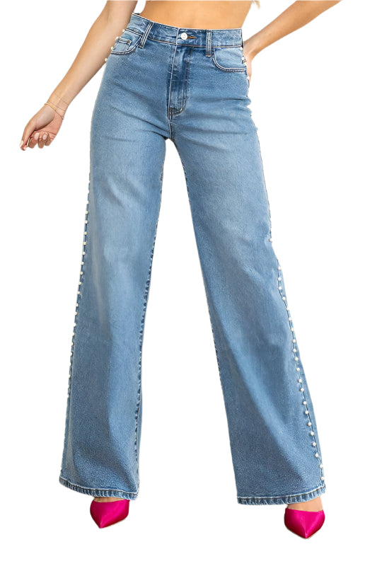 Höga Jeans med Vida Ben i Medium Stone 0