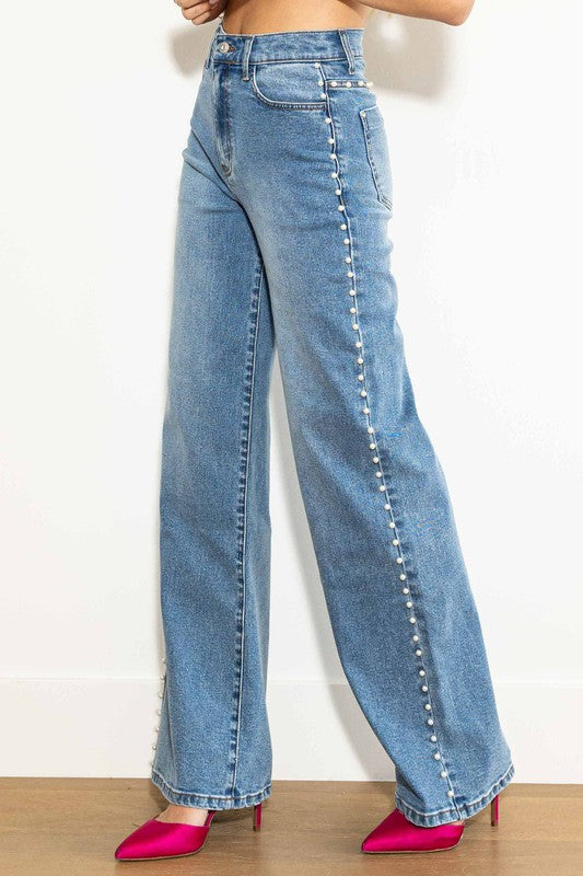 Höga Jeans med Vida Ben i Medium Stone 1