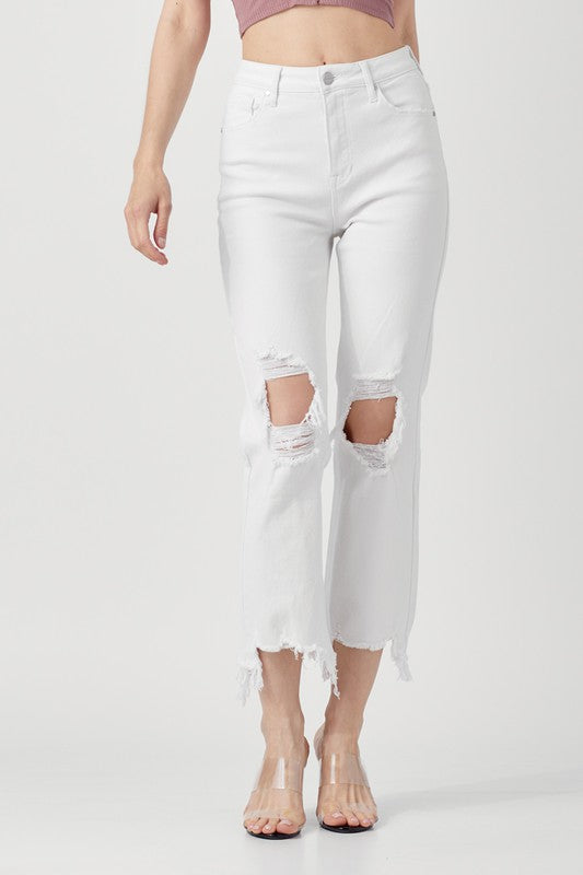 Höga raka cropped jeans för kvinnor i vitt 2