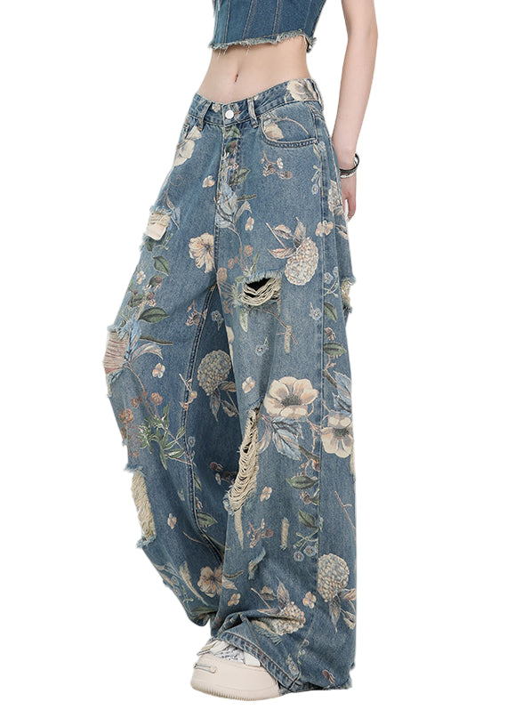 Högmidjade Denimbyxor med Unik Blåtryck 0