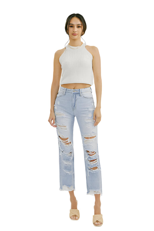 Högmidjade Jeans Med Distressad Design Ljus Denim 0