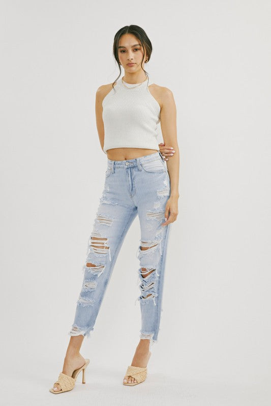 Högmidjade Jeans Med Distressad Design Ljus Denim 1