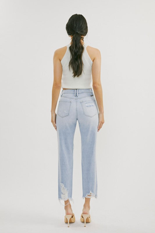 Högmidjade Jeans Med Distressad Design Ljus Denim 2