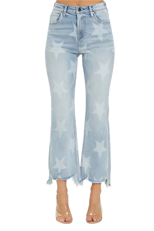 Högmidjade Raka Jeans med Stjärnmönster i Ljus Denim 0